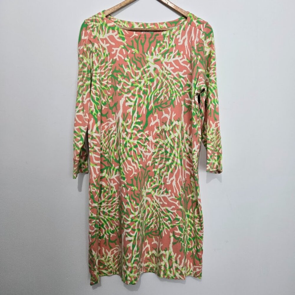 Crown & Ivy Beach Shirt Dress Sz L Colorful 3/4 Sleeves Coral Boat Neck Travel